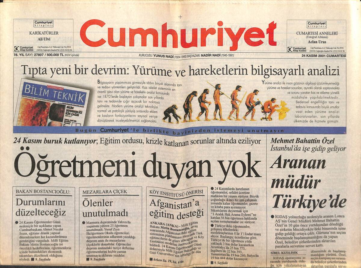 Cumhuriyet Gazetesi 24 Kasım 2001 - Konyaaltı Plajı'nda Altın - El Kaide Türkiye'de Faaliyette GZ151663 - 1