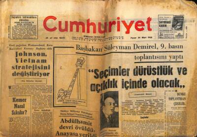 Cumhuriyet Gazetesi 24 Mart 1968 - Süleyman Demirel,Seçimler Dürüstlük İçinde Yapılacak GZ75926 - 1