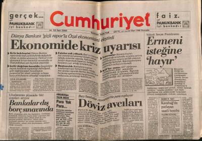 Cumhuriyet Gazetesi 24 Mart 1988 - Ekonomide Kriz Uyarısı GZ64409 - 2