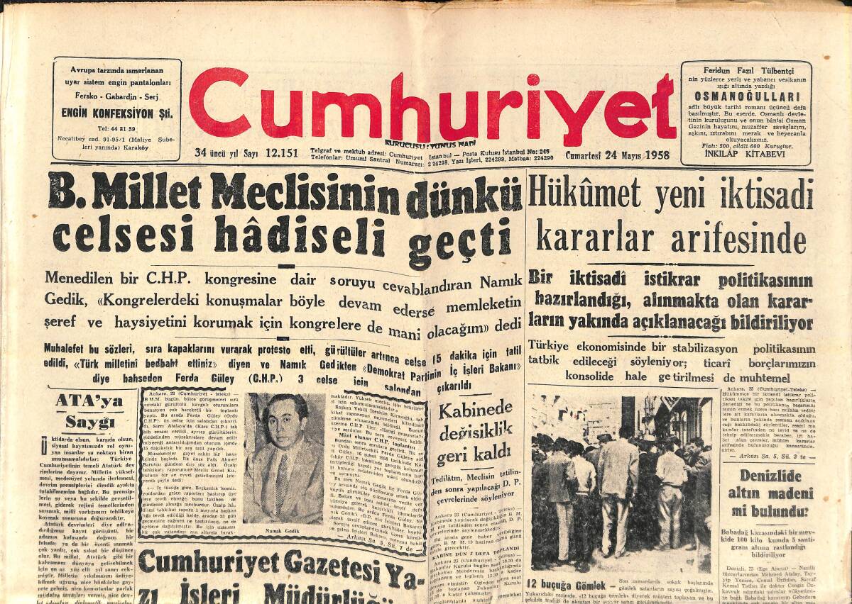 Cumhuriyet Gazetesi 24 Mayıs 1958 - B.Millet Meclisinin Dünkü Celsesi Hadiseli Geçti - Lübnan'da İsyan Tekrar Yayılıyor! GZ139076 - 1