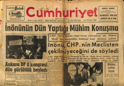 Cumhuriyet Gazetesi 24 Mayıs 1959 - İnönü CHPnin Meclisten Çekilmeyeceğini Söyledi, Fuad Duyarın Cenazesi, İstanbul Lisesi 75 Yaşında GZ87951 - 1