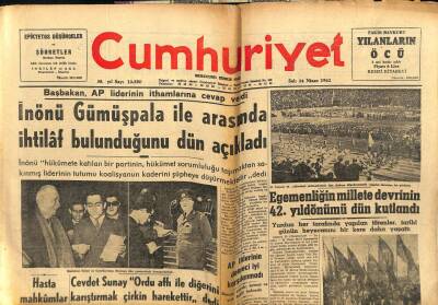 Cumhuriyet Gazetesi 24 Nisan 1962 - İnönü Gümüşpala İle Arasında İhtilaf Bulunduğunu Açıkladı GZ103032 - 1