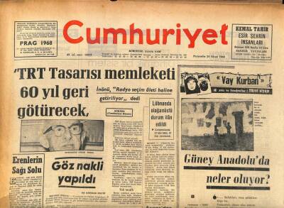 Cumhuriyet Gazetesi 24 Nisan 1969 - TRT Tasarısı Memleketi 60 Yıl Geri Götürecek GZ85895 - 1