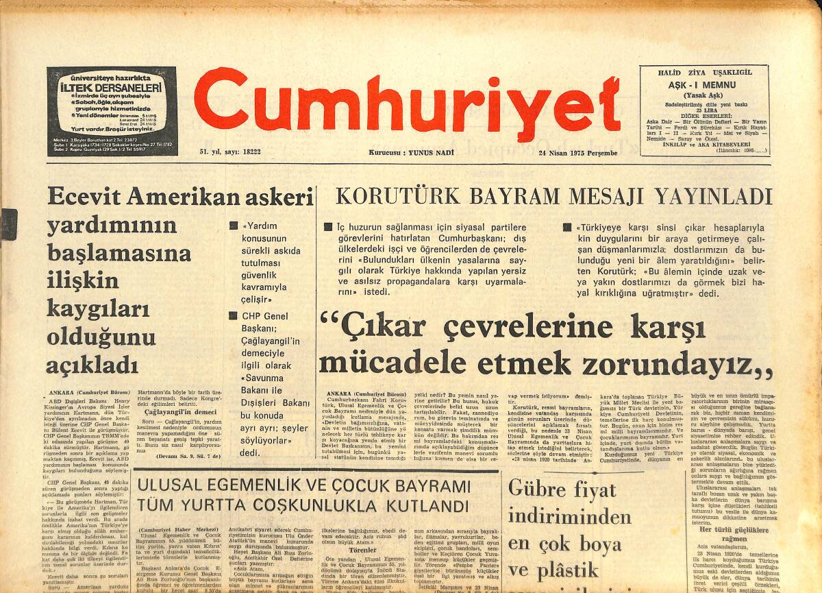 Cumhuriyet Gazetesi 24 Nisan 1975 - Ecevit Amerikan Askeri Yardımının Başlamasına İlişkin Kaygıları Olduğunu Açıkladı GZ143619 - 1