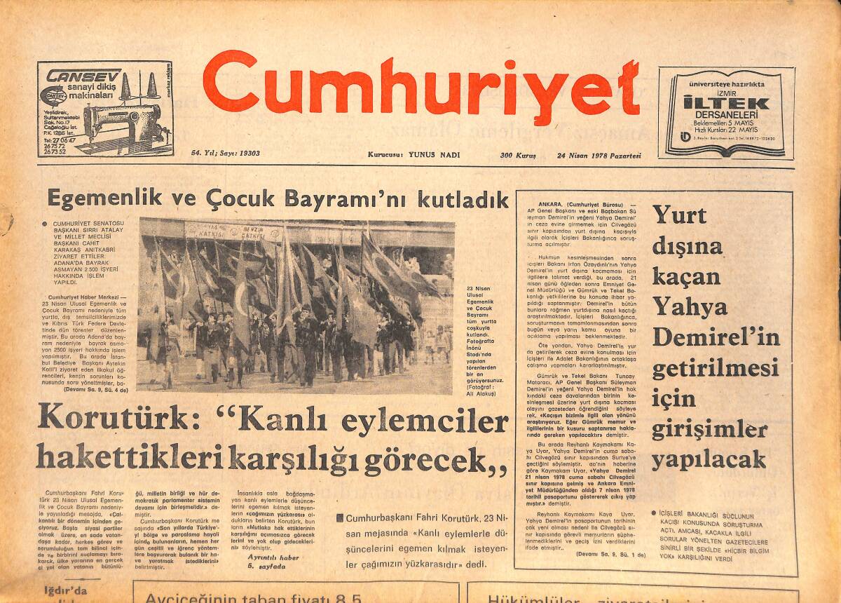 Cumhuriyet Gazetesi 24 Nisan 1978 - TRT, Cannes TV Filmleri Pazarında - Sağcı Basın Ne Diyor? GZ143820 - 1