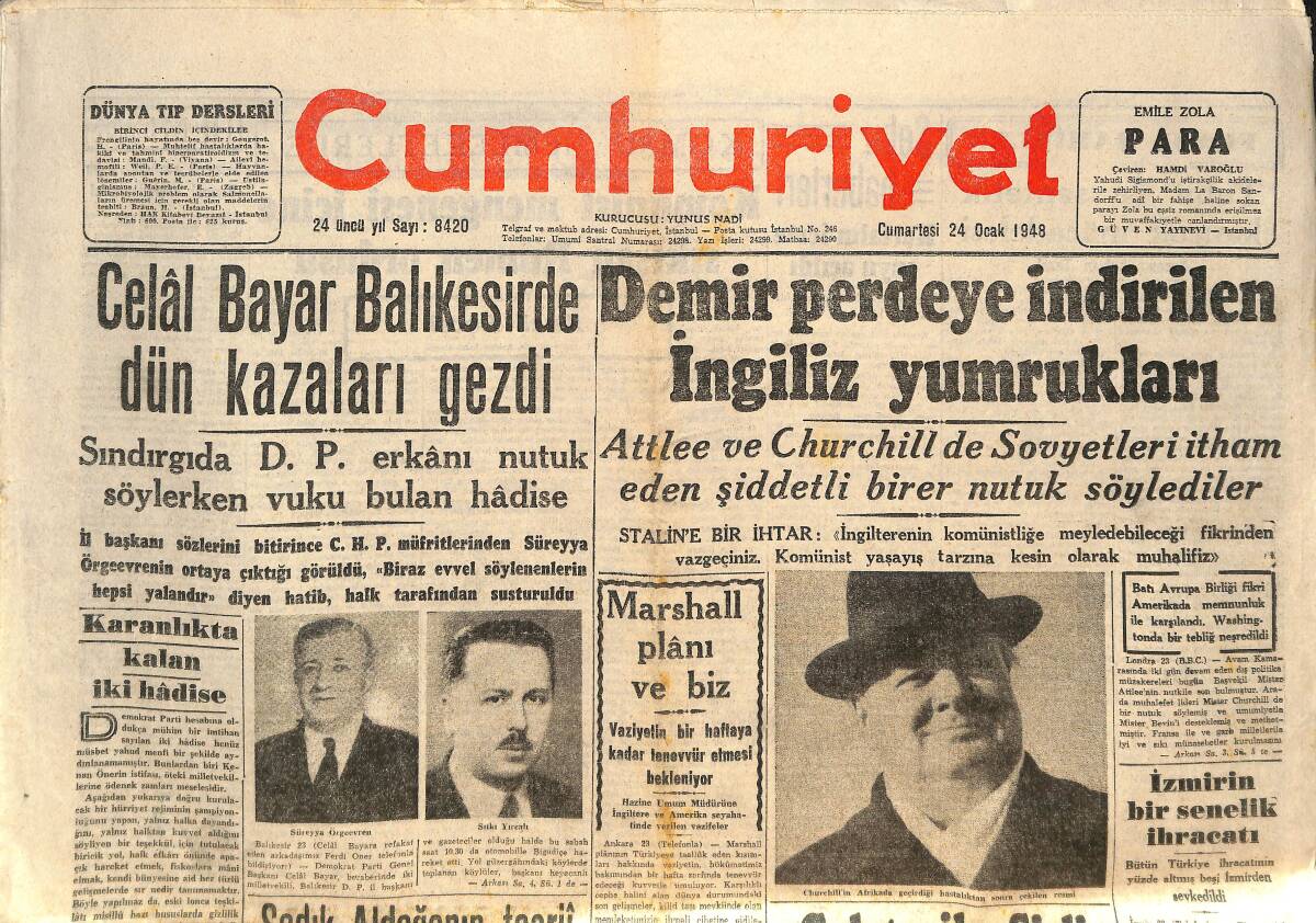Cumhuriyet Gazetesi 24 Ocak 1948 - Celal Bayar Balıkesir'de Dün Kazaları Gezdi - Demir Perdeye İndirilen İngiliz Yumrukları GZ146527 - 1