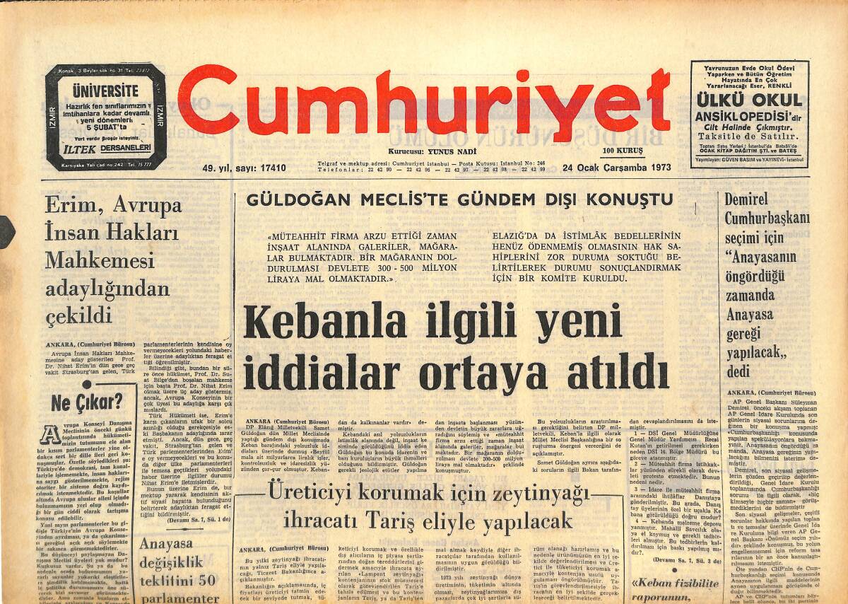Cumhuriyet Gazetesi 24 Ocak 1973 - Kebanla İlgili Yeni İddialar Ortaya Atıldı - Eski ABD Başkanı Johnson Öldü GZ143544 - 1