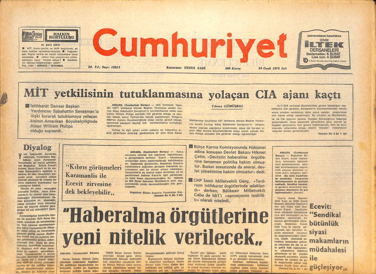Cumhuriyet Gazetesi 24 Ocak 1978 - Haber Alma Örgütlerine Yeni Nitelik Verilecek - Ajda Pekkan: Türk'e Karşı Emellere Beni De Alet Ettiler! GZ142998 - 1