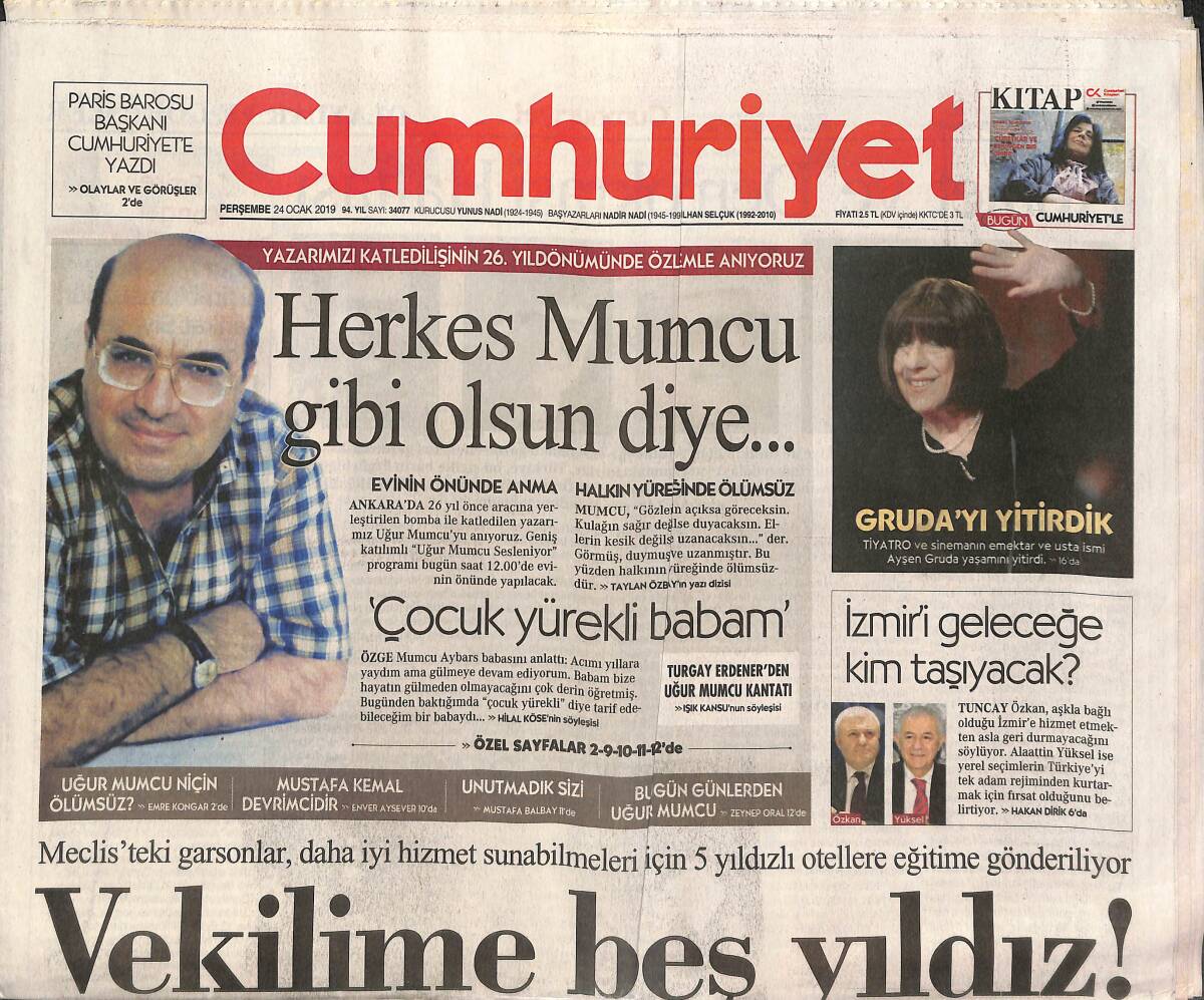 Cumhuriyet Gazetesi 24 Ocak 2019 - Ayşen Gruda'yı Yitirdik - 500 Avukat Kaçtı - Müjdat Gezen Artık Kızını Görecek GZ135504 - 1