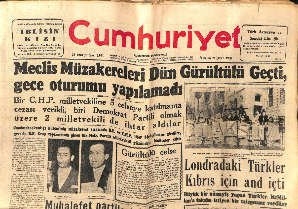 Cumhuriyet Gazetesi 24 Şubat 1958 - Londra'daki Türkler Kıbrıs İçin And İçti - Kıbrıs'tan Sındırgıya Gelen Gelin - Yunan İddialarını Cerheden Rakamlar GZ139104 - 1