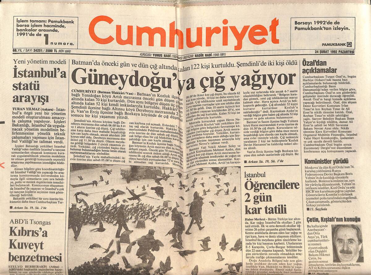 Cumhuriyet Gazetesi 24 Şubat 1992 - Kıbrıs'a Kuveyt Benzetmesi - Adriyatik'ten Çin'e Türkiye GZ151978 - 1