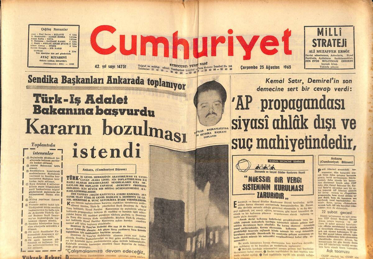 Cumhuriyet Gazetesi 25 Ağustos 1965 - Gemini-5 Fezada Bir Gün Daha Kalacak - Alman Kızları İle Evlenen Yabancıların Sayısı Arttı - Giresun-Beşiktaş GZ138976 - 1