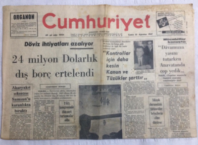 Cumhuriyet Gazetesi 25 Ağustos 1967 - Döviz İhtiyatları Azalıyor 24 Milyon Dolarlık Dış Borç Ertelendi - GZ19529 - 1