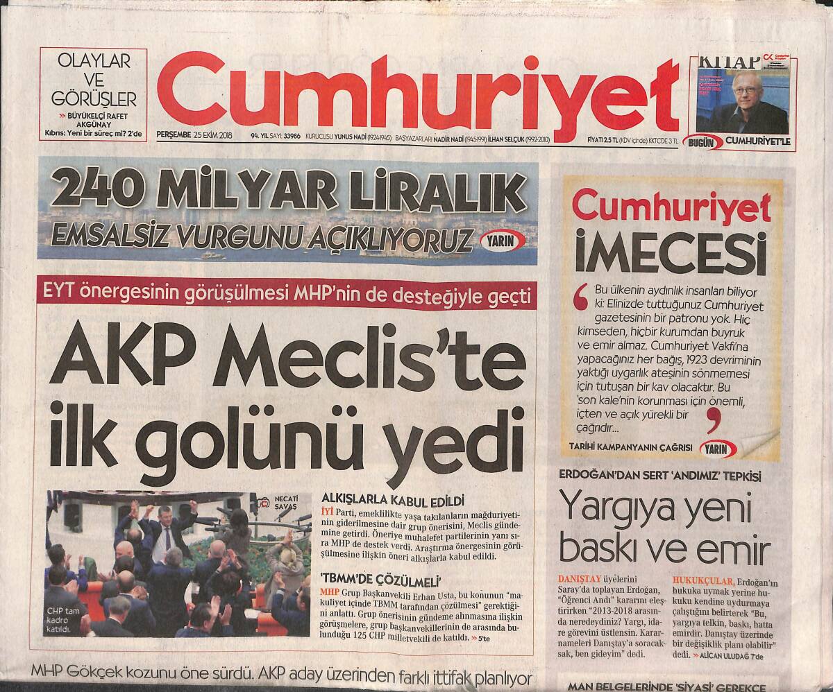 Cumhuriyet Gazetesi 25 Ekim 2018 - Eğitimde Dar ve Cemaatçi Vizyon - Arçelik 500 Milyon Liraya TV Üretecek GZ135506 - 1