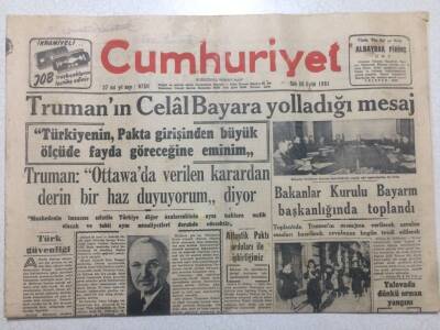 Cumhuriyet Gazetesi 25 Eylül 1951 - Trumanın Celal Bayara Yazdığı Mesaj GZ52517 - 1
