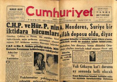 Cumhuriyet Gazetesi 25 Eylül 1957 - Adnan Menderes Suriye Bir Silah Deposu Oldu Diyor GZ59308 - 1