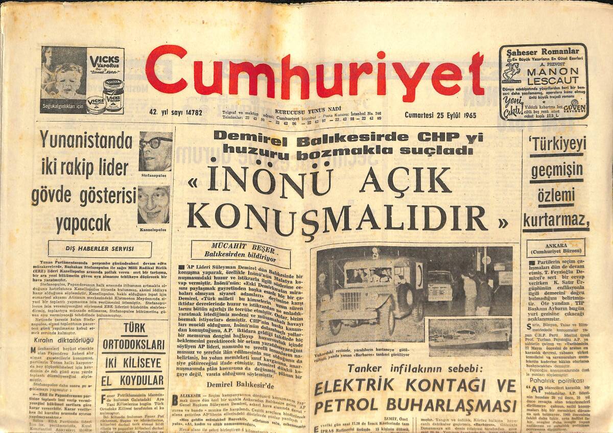 Cumhuriyet Gazetesi 25 Eylül 1965 - Demirel Balıkesir'de CHP'Yİ Huzuru Bozmakla Suçladı! - Türk Ortodoksları İki Kiliseye El Koydular! GZ146543 - 1
