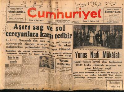 Cumhuriyet Gazetesi 25 Haziran 1948 - Yunus Nadi Mükafatı GZ69584 - 2