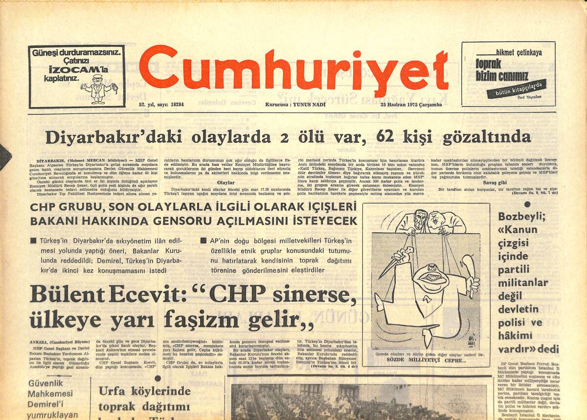 Cumhuriyet Gazetesi 25 Haziran 1975 - Bülent Ecevit: CHP Sinerse, Ülkeye Yarı Faşizm Gelir! - 49 Profesyonel Futbolcu İşsiz Kaldı! GZ143463 - 1