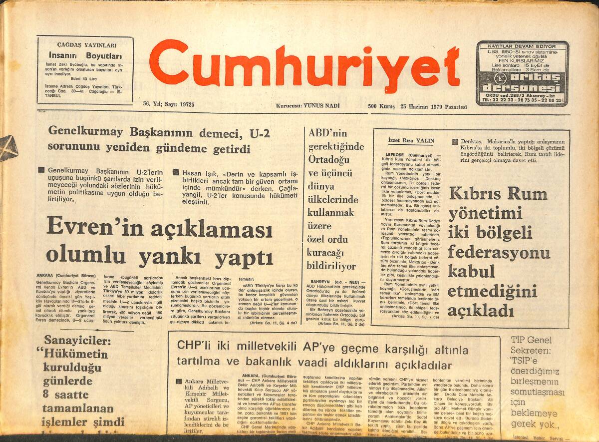 Cumhuriyet Gazetesi 25 Haziran 1979 - Evren'in Açıklaması Olumlu Yankı Yaptı - TV'NİN İlk Sualtı Belgeseli Bu Hafta Ekrana Geliyor! GZ143529 - 1