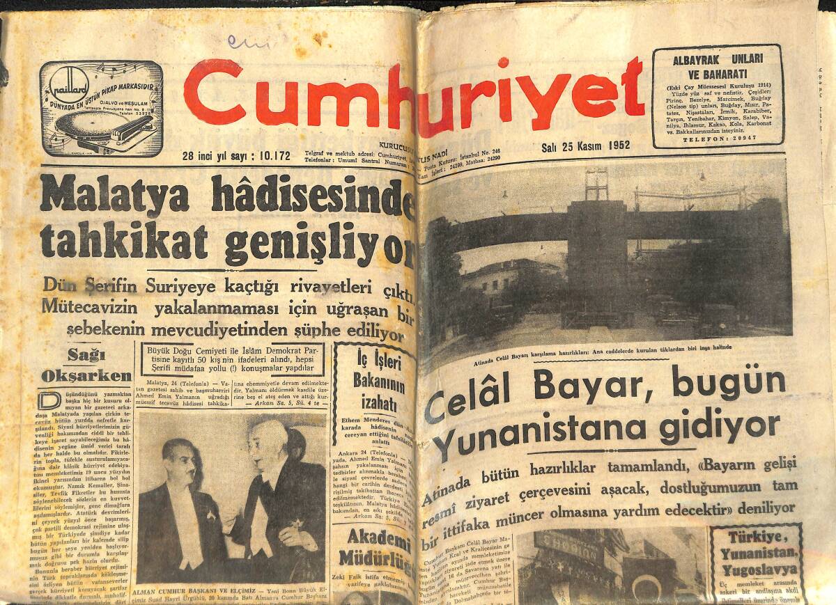 Cumhuriyet Gazetesi 25 Kasım 1952 - Celâl Bayar , Bugün Yunanistan'a Gidiyor GZ142025 - 1