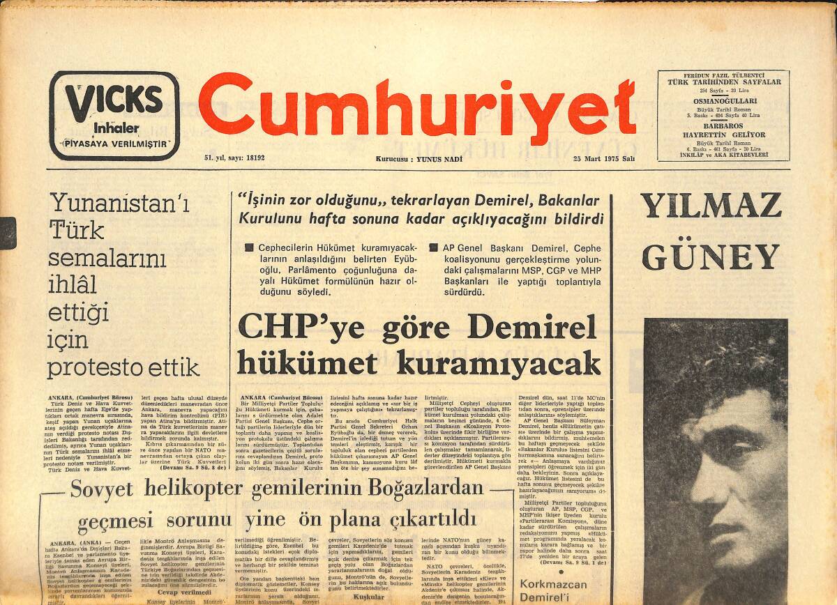 Cumhuriyet Gazetesi 25 Mart 1975 - CHP'YE Göre Demirel Hükümet Kuramayacak! - Casusluk Okulunda Kissinger De Hocalık Yapmıştı! GZ143761 - 1