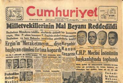 Cumhuriyet Gazetesi - 25 Mayıs 1957 - Milletvekillerinin Mal Beyanı Reddedildi GZ110243 - 1
