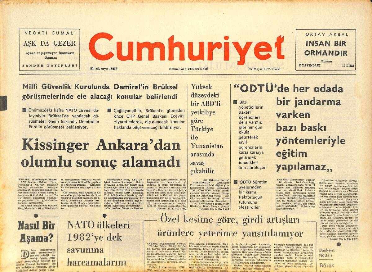 Cumhuriyet Gazetesi 25 Mayıs 1975 - NATO Ülkeleri 1982'ye Dek Savunma Harcamalarını Giderek Arttıracaklar - Fenerbahçe Bugün Tur Atlıyor GZ143639 - 1