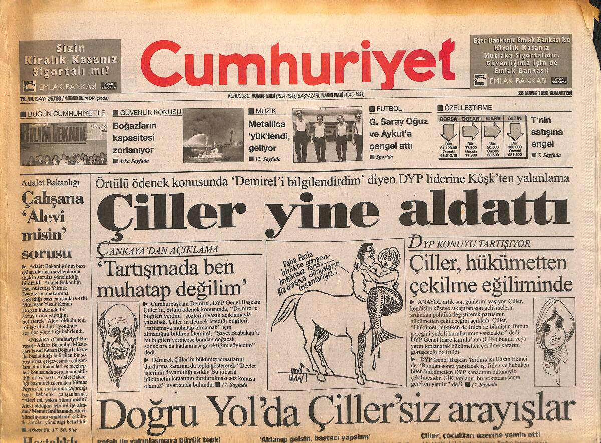 Cumhuriyet Gazetesi 25 Mayıs 1996 - Çiller Yine Aldattı - Demirel Halktan Kopmuyor GZ147976 - 1
