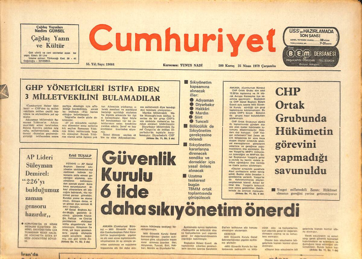 Cumhuriyet Gazetesi 25 Nisan 1979 - Güvenlik Kurulu 6 İlde Daha Sıkıyönetim Önerdi - Somoza İçin Sonun Başlangıcı Mı? GZ143485 - 1
