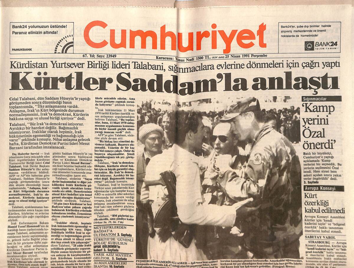 Cumhuriyet Gazetesi 25 Nisan 1991 - Kürtler Saddam'la Anlaştı - Yeltsin : Gorbaçov Geriye Dönemez GZ151984 - 1