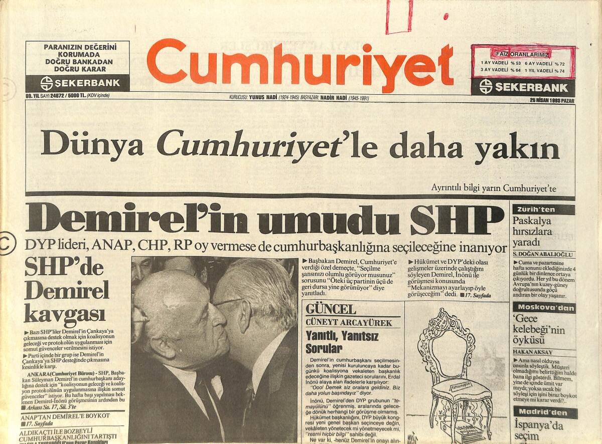 Cumhuriyet Gazetesi 25 Nisan 1993 - Demirel'in Umudu SHP - Türkiye'nin Ermeni Köyü Vakıflı GZ2626 - 1