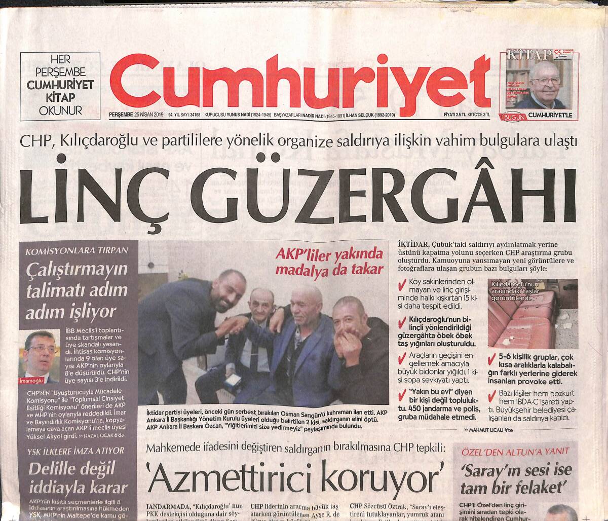 Cumhuriyet Gazetesi 25 Nisan 2019 - 25 Nisan 1915 ve Yarbay Mustafa Kemal Atatürk - Galatasaray Kupada Final İçin Sahada GZ135493 - 1