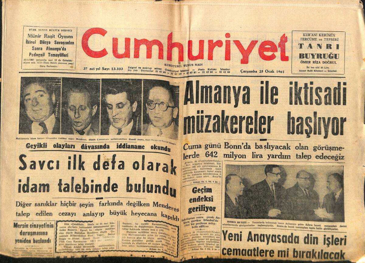Cumhuriyet Gazetesi 25 Ocak 1961 - Almanya İle İktisadi Müzakereler Başlıyor - Yeni Anayasada Din İşleri Cemaatlere Mi Bırakılacak? GZ139996 - 1
