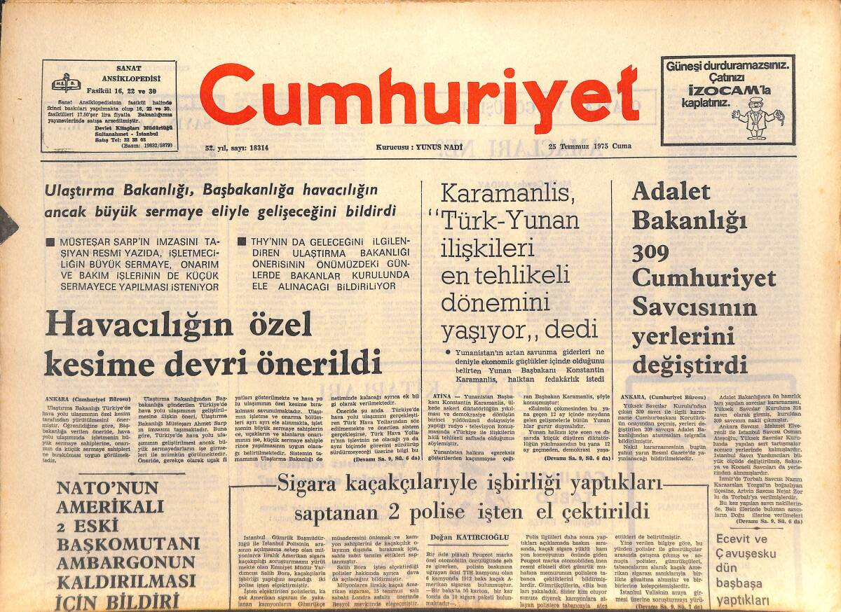 Cumhuriyet Gazetesi 25 Temmuz 1975 - Havacılığın Özel Kesime Devri Önerildi - Referandum Yolu Tıkanıyor Mu? GZ143804 - 1