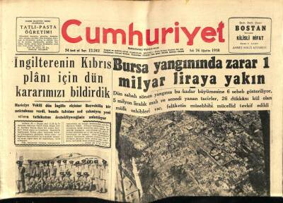 Cumhuriyet Gazetesi 26 Ağustos 1958 - Bursa Yangınında Zarar 1 Milyar Liraya Yakın GZ78017 - 1