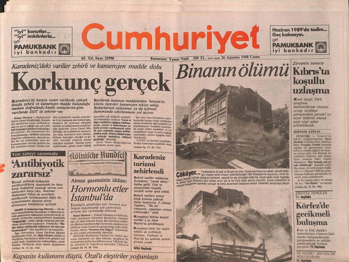 Cumhuriyet Gazetesi 26 Ağustos 1988 - Karadeniz Turizmi Zehirlendi - Sanayide Kaygı GZ157193 - 1
