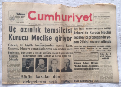 Cumhuriyet Gazetesi 26 Aralık 1960 - Üç Azınlık Temsilcisi Kurucu Meclise Giriyor - GZ19361 - 1