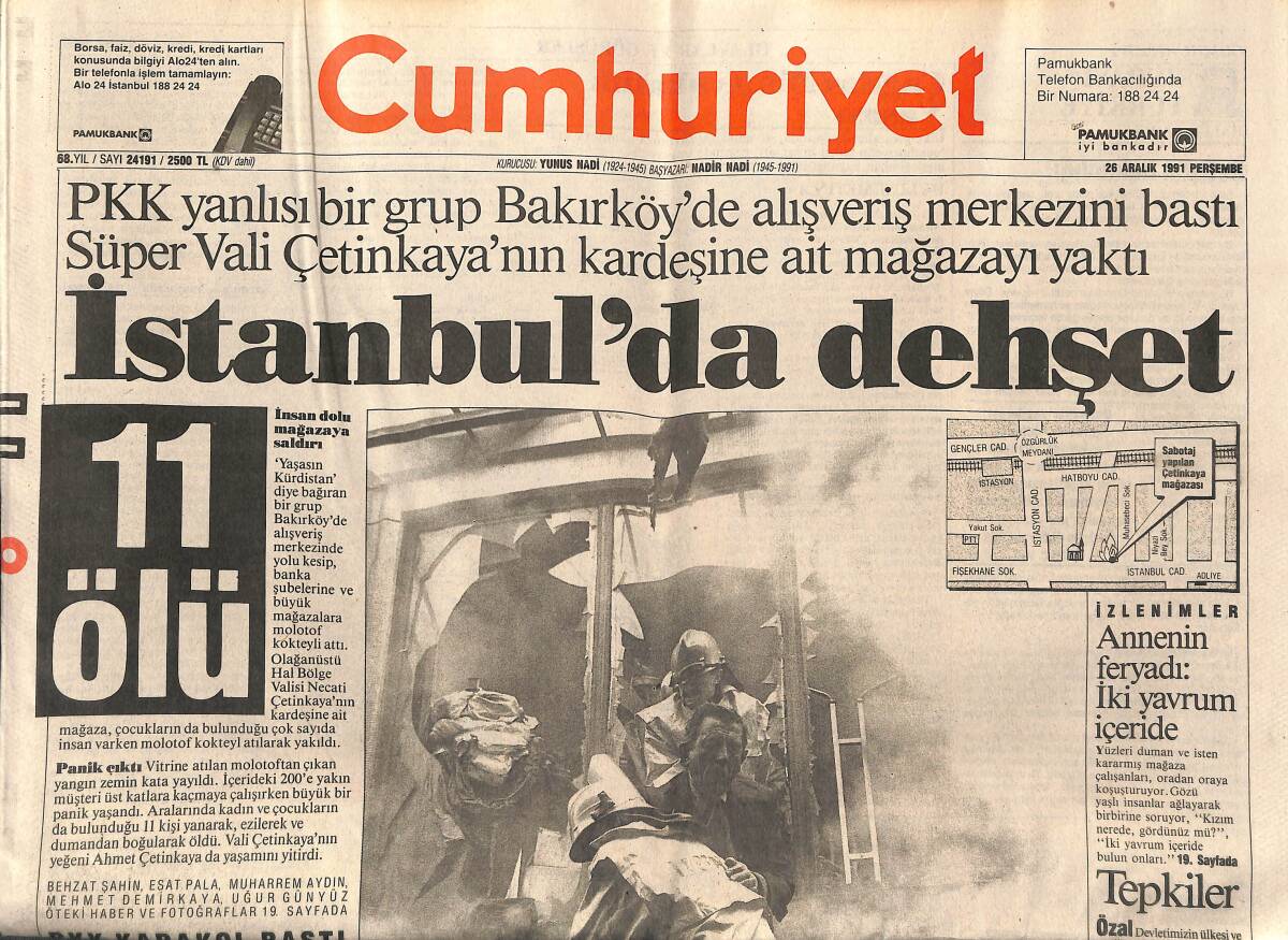 Cumhuriyet Gazetesi 26 Aralık 1991 - İstanbul'da Dehşet 11 Ölü - İsa'nın Doğum Günü Patrikhane'de Kutlandı - Kıbrıs 1992'yi Bekliyor GZ140037 - 1