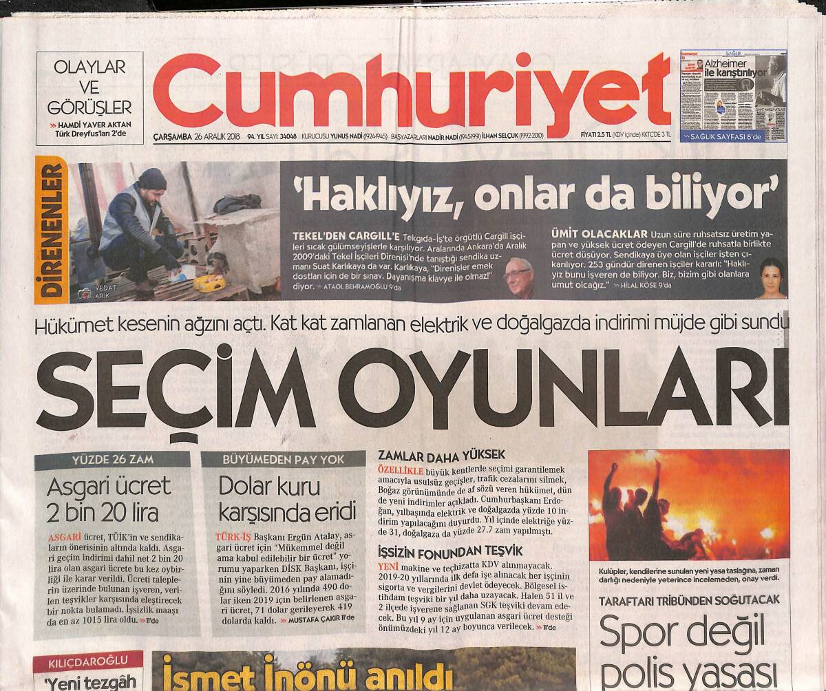 Cumhuriyet Gazetesi 26 Aralık 2018 - İsmet İnönü Anıldı - Spor Değil Polis Yasağı GZ135495 - 1