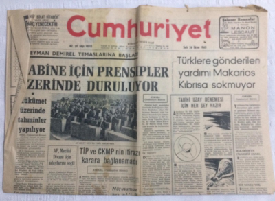 Cumhuriyet Gazetesi 26 Ekim 1965 - Kabine İçin Prensipler Üzerinde Duruluyor - GZ19482 - 1
