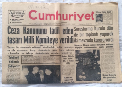Cumhuriyet Gazetesi 26 Eylül 1960 - Ceza Kanununu Tadil Eden Tasarı Milli Komiteye Verildi - GZ19445 - 1