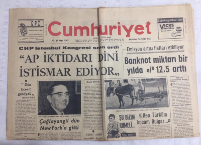 Cumhuriyet Gazetesi 26 Eylül 1966 - AP İktidarı Dini İstismar Ediyor - GZ19157 - 1