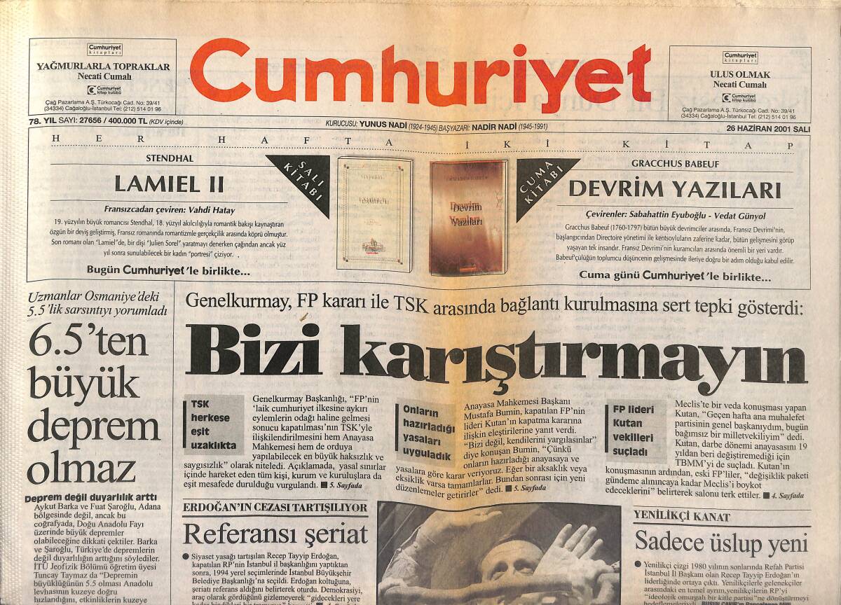 Cumhuriyet Gazetesi 26 Haziran 2001 - Baykal'dan Gidenlere Dön Çağrısı - Bir Picasso'da Edirne'de GZ151666 - 1