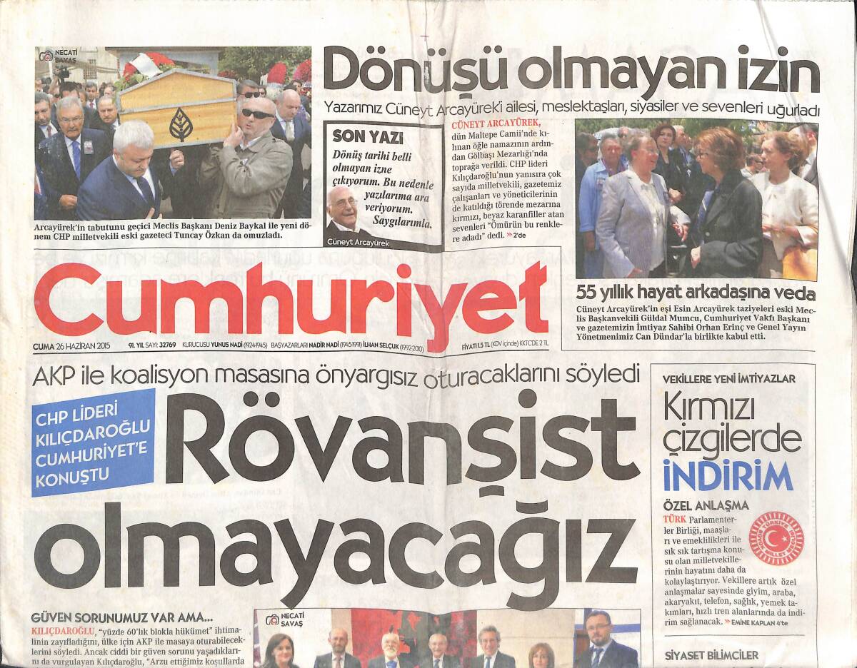 Cumhuriyet Gazetesi 26 Haziran 2015 - Türkiye'nin En Büyük Arsası 80 Milyon Dolara Satıldı- Fazıl Say Paris'i Salladı GZ1354569 - 1