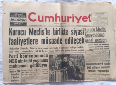 Cumhuriyet Gazetesi 26 Kasım 1960 - Kurucu Meclis Anayasasının Genel Esasları - GZ19357 - 1