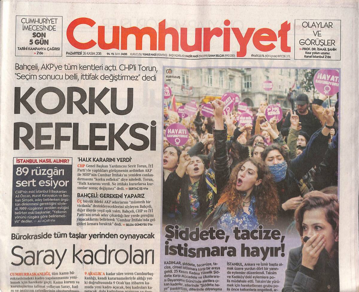 Cumhuriyet Gazetesi 26 Kasım 2018 - Korku Refleksi - Şiddete, Tacize, İstismara Hayır! - Zehir Savaşçıları GZ135369 - 1