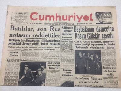 Cumhuriyet Gazetesi 26 Mart 1952 - Son Rus Notası Reddedildi GZ52777 - 1