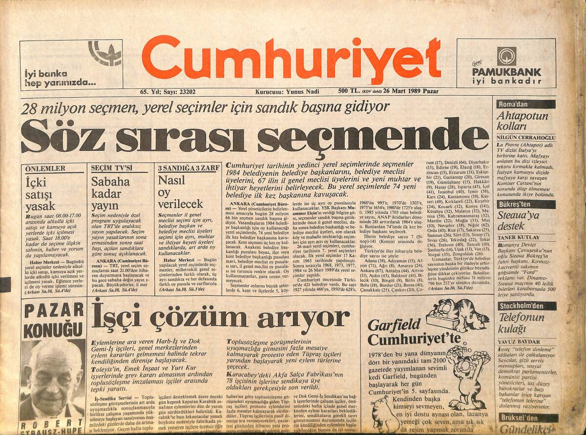 Cumhuriyet Gazetesi 26 Mart 1989 - Sovyetler'de Tarihi Seçim - Fenerbahçe Gol Gol Gol GZ3400 - 1