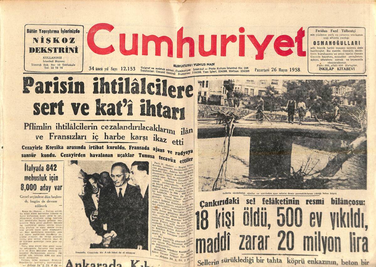 Cumhuriyet Gazetesi 26 Mayıs 1958 - Paris'in İhtilalcilere Sert Ve Katı İhtarı - Lübnanda Asilere Karşı Top Ve Uçaklarla Mücadele Başladı! GZ139075 - 1
